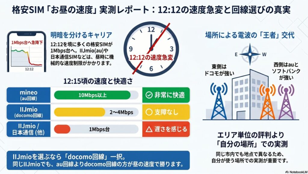 格安SIMのお昼の通信速度に関する実測レポートのインフォグラフィック画像。「12:12の速度急変」と題し、12時12分を境にIIJmio(au回線)や日本通信SIMなどで機械的な速度制限が発動し、速度が1Mbps台へ急降下する実測データがグラフで示されています。さらに12:15頃の具体的な実測値と快適さの比較として、mineo(au回線)は「10Mbps以上」を記録し非常に快適、IIJmio(docomo回線)は「2〜4Mbps」で支障なし、IIJmio(au回線)や日本通信SIMなどは「1Mbps台」まで落ち込み遅さを感じる、という詳細な数値が比較されています（これによりIIJmioはdocomo回線推奨と結論付けられています）。また右側では、同じ市内でも東側はドコモが強く、西側はauとソフトバンクが強いといった、場所によって繋がる電波が異なる実態が図解されています。