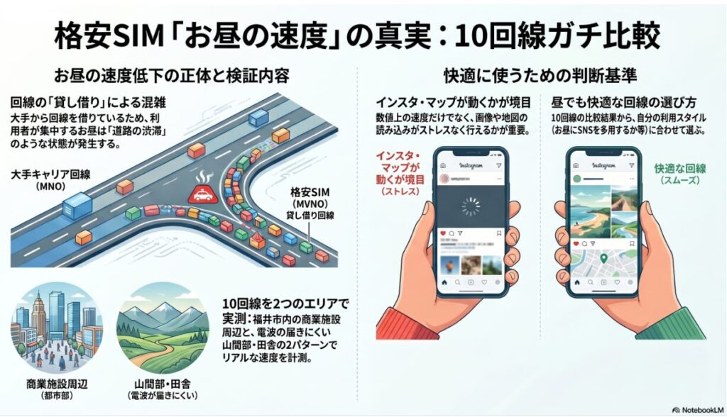 格安SIM「お昼の速度」の真実：10回線ガチ比較。画像左側では、大手キャリア（MNO）の広い道路から、格安SIM（MVNO）が狭い貸し借り回線へ合流する際に「道路の渋滞」のような混雑が発生する様子をイラストで解説。検証内容として、福井市内の商業施設周辺（都市部）と山間部・田舎（電波が届きにくい）の2つのエリアで10回線を実測したことを明示。画像右側では、快適さの判断基準として数値上の速度だけでなく、インスタやマップの画像読み込みがストレスなく行えるかを重視し、読み込み中の画面とスムーズな画面を比較して、利用スタイルに合わせた回線選びを推奨している。