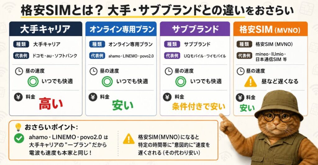 「格安SIMとは? 大手・サブブランドとの違いをおさらい」というタイトルの比較表画像。4つのサービスの違いを以下のように比較している。
・大手キャリア(ドコモ・au・ソフトバンク):昼の速度は「いつでも快適」、料金は「高い」
・オンライン専用プラン(ahamo・LINEMO・povo2.0):昼の速度は「いつでも快適」、料金は「安い」
・サブブランド(UQモバイル・ワイモバイル):昼の速度は「いつでも快適」、料金は「条件付きで安い」
・格安SIM/MVNO(mineo・IIJmio・日本通信SIM等):昼の速度は「昼など遅くなる」、料金は「安い」
また「おさらいポイント」として、オンライン専用プランは大手キャリアの1プランのため電波も速度も本家と同じであること、格安SIM(MVNO)は特定の時間帯に意図的に速度を遅くされる代わりに安いことが補足説明されている。右下にはアウトドア風の服装をした猫のキャラクターが配置されている。
