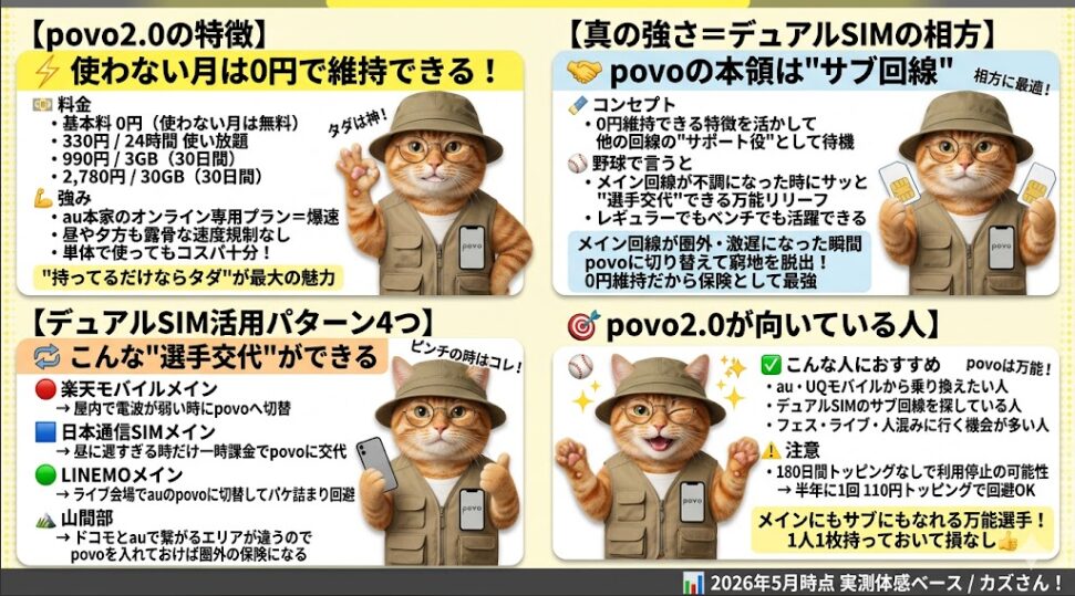povo2.0の特徴とデュアルSIMでの活用法をまとめた解説画像(2026年5月時点 実測体感ベース)。「povo2.0の特徴」として、基本料0円(使わない月は無料)、330円/24時間使い放題、990円/3GB(30日間)、2,780円/30GB(30日間)の料金体系を提示し、昼や夕方も露骨な速度規制がないau本家の回線であることを記載。「真の強さ=デュアルSIMの相方」として、0円維持を活かしメイン回線が不調(圏外・激遅)になった瞬間に切り替えるサブ回線としての役割を強調。「デュアルSIM活用パターン4つ」として、1.楽天モバイルメイン(屋内で電波が弱い時に切替)、2.日本通信SIMメイン(昼に遅すぎる時だけ一時課金で交代)、3.LINEMOメイン(ライブ会場でパケ詰まり回避)、4.山間部(ドコモとauのエリアの違いを活かした圏外保険)を紹介。「povo2.0が向いている人」として、au・UQからの乗り換え、サブ回線探し、フェス・人混みに行く人を挙げ、注意点として180日間トッピングなしで利用停止の可能性があるため半年に1回110円のトッピングでの回避を推奨している。
