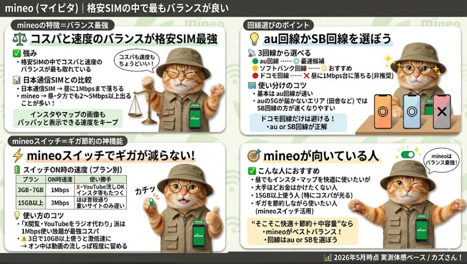 mineo(マイピタ)の特徴、回線選びのポイント、節約機能をまとめた解説画像(2026年5月時点 実測体感ベース)。「mineoの特徴」として、他社(日本通信SIM)が昼に通信速度1Mbpsまで落ちるのに対し、mineoは昼や夕方の混雑時でも2〜5Mbps以上の速度が出ることが多く、画像表示もスムーズなコスパ最強SIMであると記載。「回線選びのポイント」では、3キャリアの比較として、au回線が最速候補(◎)、ソフトバンク回線がおすすめ(◯)である一方、ドコモ回線は昼に1Mbps台に落ちるため非推奨(×)と実測ベースで評価している。「mineoスイッチ」機能の解説では、スイッチON時の通信速度について、3GB・7GBプランは1Mbps(XやYouTubeの流し見用)、15GB以上のプランは3Mbps(重いサイト以外はほぼ通常通り)になるデータ詳細を提示しつつ、3日間で10GB以上使用すると激しい速度制限がかかる点に注意喚起している。「mineoが向いている人」として、昼も快適に使いたいが料金を抑えたい人、15GB以上使う人、スイッチ機能でギガを節約したい人を挙げ、auまたはソフトバンク回線での契約を推奨している。