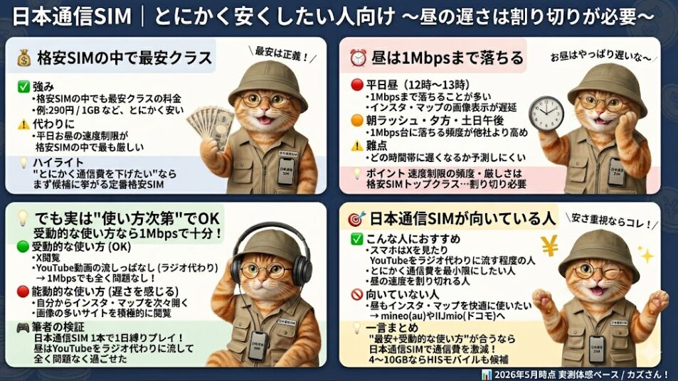 日本通信SIMの特徴と向いている人をまとめた解説画像(2026年5月時点 実測体感ベース)。「格安SIMの中で最安クラス」として、290円/1GBという圧倒的な安さを強みとする一方、平日お昼の速度制限が最も厳しい点に言及。「昼は1Mbpsまで落ちる」として、実測データに基づき平日昼(12時〜13時)は通信速度が1Mbpsまで落ちることが多くインスタグラムやマップの画像表示が遅延すること、さらに朝ラッシュや夕方、土日午後も他社より高い頻度で1Mbps台に落ちるという詳細な検証結果を示している。「使い方の工夫」として、Xの閲覧やYouTubeの流しっぱなし(ラジオ代わり)のような受動的な使い方なら通信速度1Mbpsでも全く問題ないが、自分から次々と画像や重いサイトを開く能動的な使い方では遅さを感じると記載。「日本通信SIMが向いている人」として、スマホはXやYouTubeの流し見程度で通信費を最小限にしたい人を挙げ、昼も快適に使いたい人にはmineo(au回線)やIIJmio(ドコモ回線)を、4〜10GBの中容量帯ならHISモバイルも候補として推奨している。