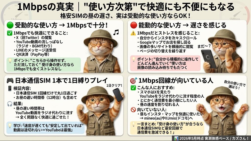 通信速度1Mbpsの実態と活用法をまとめた解説画像(2026年5月時点 実測体感ベース)。「1Mbpsの真実」として、通信速度が1Mbpsに制限された状態でも、使い方次第で快適さが変わることを解説。「受動的な使い方」であれば1Mbpsで十分とし、X(旧Twitter)の閲覧、YouTube動画の流しっぱなし(BGM代わり)、LINEの送受信、QR決済は快適に動作することを記載。一方、「能動的な使い方」では遅さを感じるとし、1MbpsではInstagramの連続スクロールやGoogleマップでの検索、画像が多いサイトの閲覧では読み込み待ちが発生しストレスになると比較している。また筆者の実測検証として「日本通信SIM 1本で1日縛りプレイ」を実施し、通信速度が最も遅くなる12時台においても、速度が安定してさえいればYouTube動画のラジオ再生は途切れることなく全く問題なく過ごせたという一次情報を提示。「1Mbps回線が向いている人」として、XやYouTubeの流し見中心で通信費を最小限にしたい人を挙げ、昼も快適に使いたい人にはmineo(au回線)やIIJmio(ドコモ回線)への移行を推奨している。