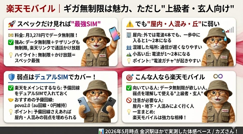 楽天モバイルの特徴とデュアルSIMでのカバー方法をまとめた解説画像(2026年5月時点 金沢駅ほかで実測した体感ベース)。「スペックだけ見れば"最強SIM"」として、月額3,278円でデータ無制限、テザリングも無制限、さらに楽天リンクアプリを使えば通話かけ放題になるという圧倒的なスペックの強みを記載。「でも"屋内・人混み・丘"に弱い」という実測ベースの弱点として、屋外で電波が4本立っていても、一歩屋内に入ると電波が1〜2本に減少すること、混雑した場所や小高い丘でも電波が1〜2本になり通信が遅くなりやすいという"電波ガチャ"の実態を詳細に指摘している。「弱点はデュアルSIMでカバー!」として、楽天モバイルをメインにする場合は予備回線を入れることを推奨し、基本料0円で維持できるpovo2.0(au回線)を屋内や人混みでの弱点を埋めるおすすめの予備回線として提案。「こんな人なら楽天モバイル」として、データ無制限を求めつつ弱点を理解して運用できる"上級者・玄人"に向いている一方、屋内・地下・人混みによく行く人は注意が必要であるとまとめている。