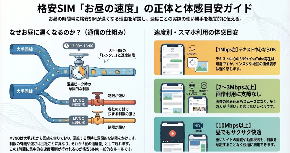 格安SIM「お昼の速度」の正体と体感目安ガイドの解説画像。左側には「なぜお昼に遅くなるのか？」という通信の仕組みが図解されており、大手回線から枝分かれしたMVNO（格安SIM）のパイプに対し、12:00〜13:00の混雑ピーク時に蛇口（バルブ）で意図的な速度制限がかけられる様子が描かれています。制限の強さは各社の方針で異なり、それが昼の速度差になります。右側には速度別のスマホ利用の体感目安が示されており、1Mbps台は「テキスト中心ならOK（YouTube再生は可能だがインスタや地図は遅い）」、2〜3Mbps以上は「画像利用に支障なし（読み込みスムーズ）」、10Mbps以上は「昼でもサクサク快適（HD動画や重いサイトも制限を意識せず利用可能）」と、実際の計測値に基づいた利便性の違いがまとめられています。