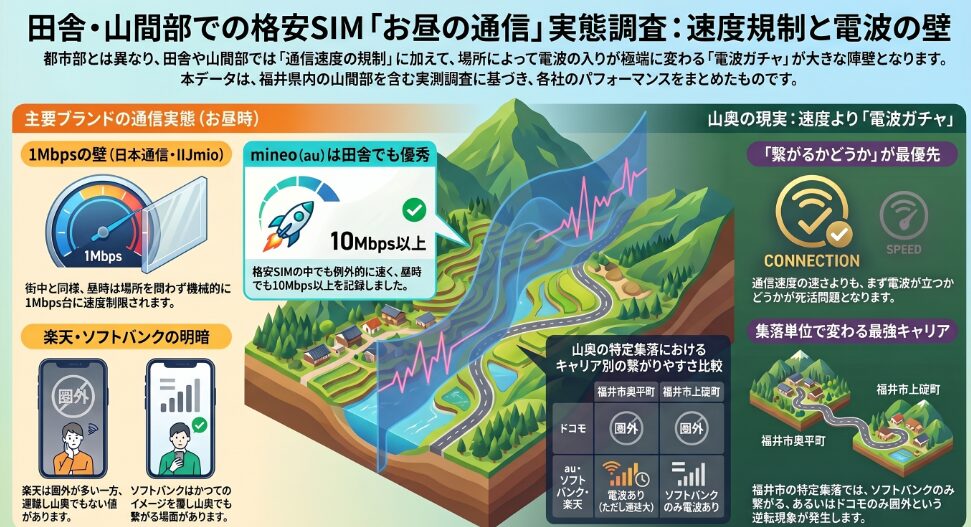 田舎・山間部での格安SIM「お昼の通信」実態調査をまとめたインフォグラフィック。福井県内の山間部を含む実測データに基づき、速度制限と電波状況（電波ガチャ）の現実を解説しています。主な数値データとして、日本通信・IIJmioは街中と同様に昼時は機械的に「1Mbps」へ速度制限される一方、mineo（au回線）は山間部でも例外的に「10Mbps以上」を記録した実績が示されています。また、場所による繋がりやすさの比較では、福井市奥平町や上碇町などの特定集落において、ドコモが圏外であってもソフトバンクのみ電波があるといった、キャリアによる逆転現象が発生する実態をグラフやイラストで詳細に伝えています。