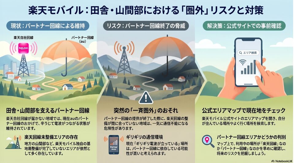 楽天モバイルの田舎・山間部における「圏外」リスクと対策を解説したインフォグラフィック。

1. 現状：パートナー回線による維持
楽天自社回線が届かない地方の山間部などは、auのパートナー回線によって辛うじて電波が繋がる状態が維持されています。独自基局の整備が未完了なエリアが依然として多く存在している現状が示されています。

2. リスク：パートナー回線終了の脅威
パートナー回線の提供が終了した際、楽天回線の整備が間に合っていない地域では、突然「一斉圏外」になり通信不能になる危険性があります。現在「ギリギリ電波が立っている」場所は、パートナー回線に依存している可能性が高いと警鐘を鳴らしています。

3. 解決策：公式サイトでの事前確認
楽天モバイル公式サイトのエリアマップを活用し、住んでいる場所やよく行く場所が「楽天回線」なのか「パートナー回線」なのかを早めに判別して、将来のリスクを把握することを推奨しています。