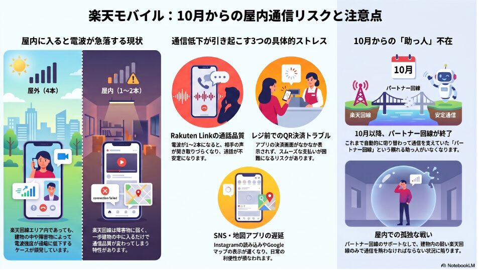 楽天モバイルの10月からの屋内通信リスクを解説するインフォグラフィック。左側には「屋内に入ると電波が急落する現状」として、屋外ではアンテナ4本だった電波が屋内では1〜2本に低下し、動画の読み込み失敗や地図の表示遅延が発生する様子が描かれています。中央では「通信低下が引き起こす3つの具体的ストレス」として、Rakuten Linkの通話品質低下、レジ前でのQR決済トラブル、SNS・地図アプリの遅延を挙げています。右側には「10月からの『助っ人』不在」として、これまで通信を支えていたパートナー回線が終了し、屋内でも楽天回線のみで通信を賄わなければならない「屋内での孤独な戦い」のリスクを説明しています。