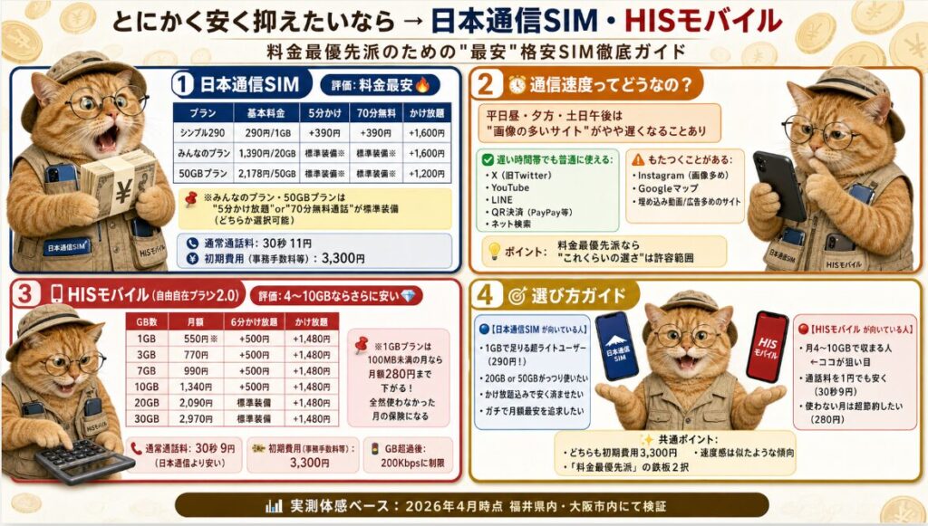 「とにかく安く抑えたいなら日本通信SIM・HISモバイル」と題された比較インフォグラフィック。
1. 日本通信SIMの料金表：合理的シンプル290（290円/1GB）、みんなのプラン（1,390円/20GB）、50GBプラン（2,178円/50GB）。20GB・50GBプランには5分かけ放題か70分無料通話が標準装備。
2. 通信速度の解説：平日昼・夕方・土日午後は画像が多いサイトで低速化の可能性あり。XやYouTube、決済アプリは利用可能だが、InstagramやGoogleマップではもたつく場合があると記載。
3. HISモバイル（自由自在プラン2.0）の料金表：1GB（550円※100MB未満なら280円）、3GB（770円）、7GB（990円）、10GB（1,340円）など。通話料が30秒9円と安価。
4. 選び方ガイド：1GB未満や20GB以上なら日本通信SIM、4〜10GBならHISモバイルが推奨。
下部には「2026年4月時点 福井県内・大阪市内にて検証した実測体感ベース」である旨が明記され、眼鏡をかけた茶トラ猫のキャラクターが各セクションを案内している。