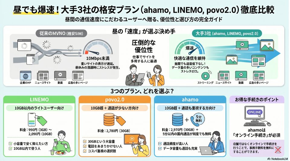 昼でも爆速！大手3社の格安プラン（ahamo、LINEMO、povo2.0）徹底比較の解説画像。従来のMVNO（格安SIM）が昼休みの混雑時に10Mbps未満まで速度低下し、重いサイトの表示が遅延するのに対し、大手3社（ahamo、LINEMO、povo2.0）は昼間でも速度低下がなく「爆速」を維持し、動画や広告の多いページも快適に閲覧できる圧倒的な優位性を示しています。プラン選びの目安として、LINEMOは3GB（990円）から10GB（2,090円）のライトユーザー向け、povo2.0は30GB（2,780円）の通話が少ない方向け、ahamoは30GBに5分以内の国内通話無料で2,970円の通話も重視する方向けと紹介。また、ahamoはオンライン手続き専用で事務手数料が無料になるポイントも解説しています。
