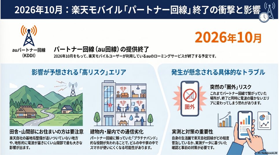 2026年10月の楽天モバイル「パートナー回線」提供終了の影響を解説するインフォグラフィック。上部には「2026年10月をもって、auのローミングサービスが終了予定」と記載されています。左側には「高リスクエリア」として、楽天自社の基地局整備が不十分な「田舎・山間部」や、プラチナバンドの役割が失われることによる「建物内・屋内」での通信劣化が挙げられています。右側には「具体的なトラブル」として、突然の圏外リスクや、実測データに基づいた事前の対策と重要性が示されています。