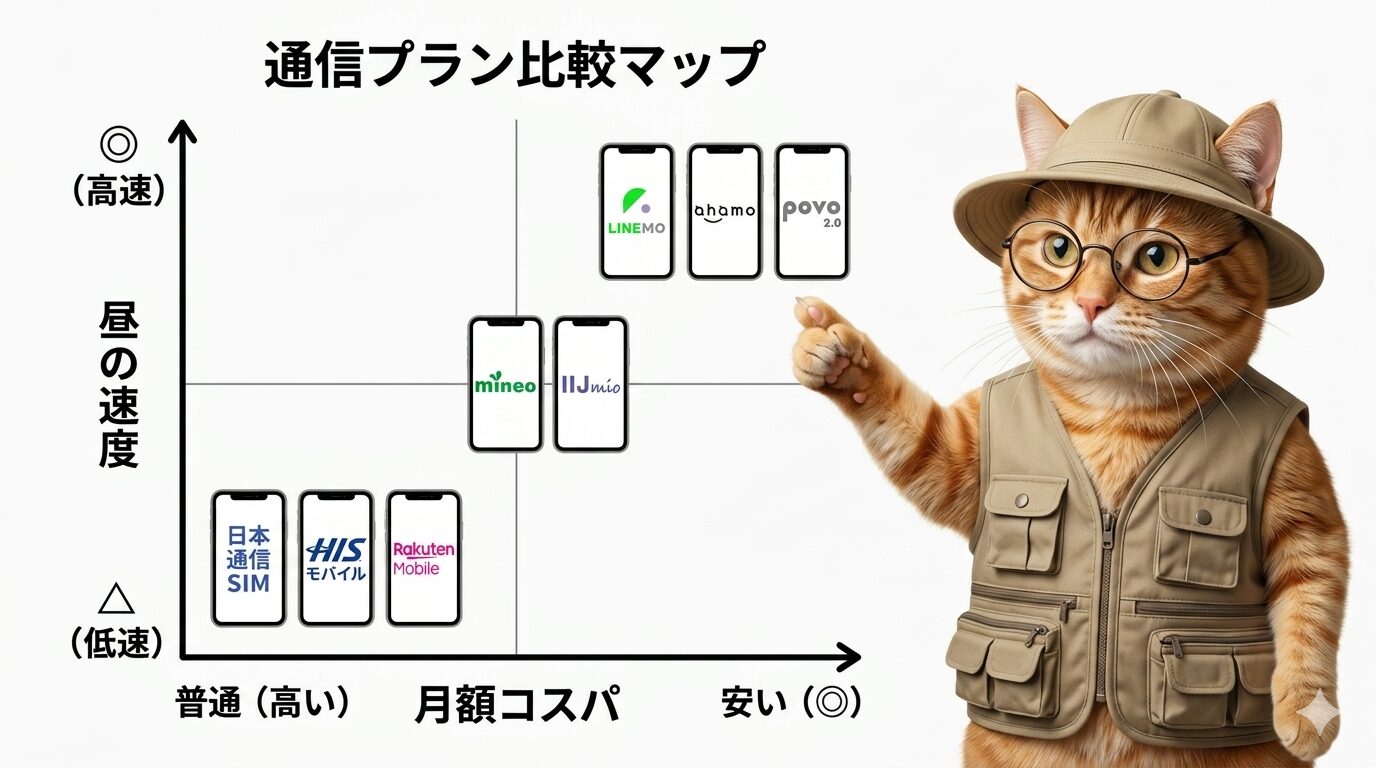 格安SIM13回線の昼の速度と月額コスパの比較マップ