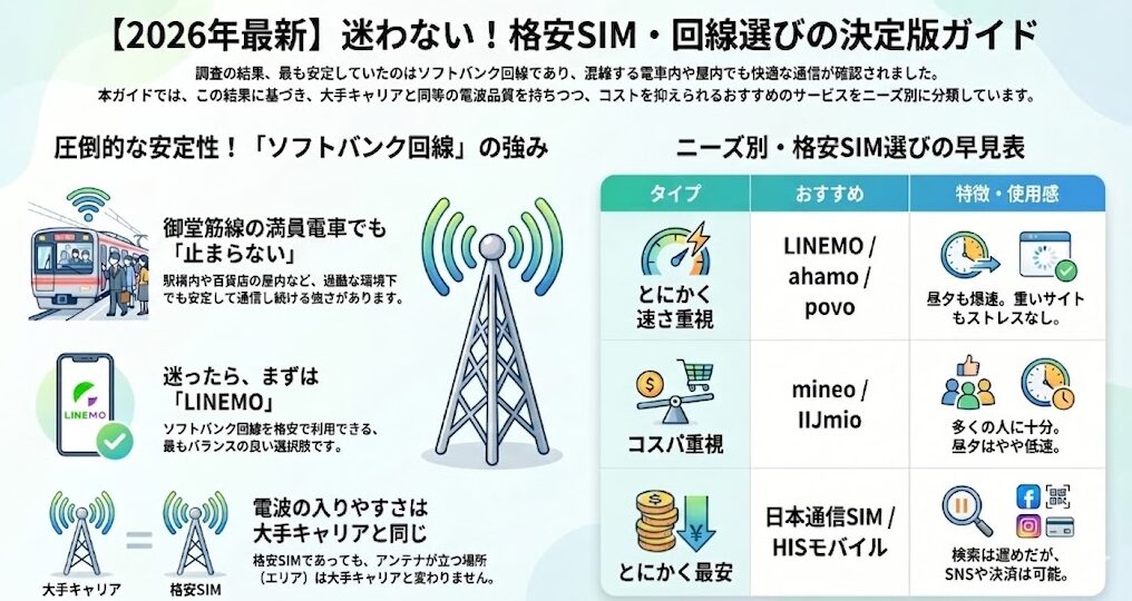 【2026年最新】迷わない!格安SIM・回線選びの決定版ガイドのインフォグラフィック画像。調査の結果最も安定していたソフトバンク回線を基準に、おすすめサービスをニーズ別に分類しています。
左側は「ソフトバンク回線の強み」として3点を解説。1つ目は、御堂筋線の満員電車や駅構内・百貨店の屋内など、過酷な環境下でも通信が「止まらない」圧倒的な安定性。2つ目は、ソフトバンク回線を格安で利用できる最もバランスの良い選択肢として「LINEMO」を推奨。3つ目は、格安SIMであってもアンテナが立つエリア(電波の入りやすさ)は大手キャリアと同じであると図解しています。
右側は「ニーズ別・格安SIM選びの早見表」として、以下の3タイプで比較表をまとめています。
・「とにかく速さ重視」:おすすめはLINEMO、ahamo、povo。特徴は、昼夕も爆速で重いサイトもストレスなし。
・「コスパ重視」:おすすめはmineo、IIJmio。特徴は、多くの人に十分だが、昼夕はやや低速。
・「とにかく最安」:おすすめは日本通信SIM、HISモバイル。特徴は、検索は遅めだが、SNSや決済は可能。