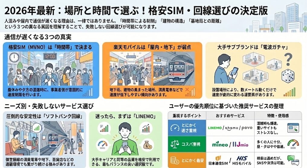 2026年最新:場所と時間で選ぶ!格安SIM・回線選びの決定版のインフォグラフィック画像。通信が遅くなる理由とニーズ別の選び方が詳細に図解されています。
上段は「通信が遅くなる3つの真実」として以下の3点を解説しています。1つ目は、格安SIM(MVNO)は昼休み(時計のイラストは12時を示す)や夕方の混雑時に事業者側が意図的に速度制限を行うため「時間帯」で決まること。2つ目は、楽天モバイルは地下街や建物の奥まった場所、満員電車などで速度が低下しやすく「屋内・地下」が弱点であること。3つ目は、大手サブブランドは設置場所により数メートル動くだけで速度が劇的に変わる運要素があり「電波ガチャ」であること。
下段左側は「ニーズ別・失敗しないサービス選び」として、御堂筋線の満員電車や地下、百貨店などの遮蔽環境でも繋がり続ける圧倒的な安定性を持つ「ソフトバンク回線」の強みと、迷ったらまずは大手キャリアと同等の品質を格安で利用できる最もバランスの良い「LINEMO」を推奨しています。
下段右側は「ユーザーの優先順位に基づいた推奨サービスの整理」として、以下の3タイプの比較表をまとめています。
・「とにかく速さ重視」:おすすめはLINEMO、ahamo、povo。特徴・使用感は、混雑時も爆速。重いサイトもストレスなし。
・「コスパ重視」:おすすめはmineo、IIJmio。特徴・使用感は、多くの人に十分。昼・夕はやや低速。
・「とにかく最安」:おすすめは日本通信SIM、HISモバイル。特徴・使用感は、検索は遅めだが、SNSや決済は可能。