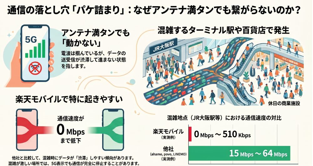 通信の落とし穴である「パケ詰まり」現象を解説するインフォグラフィック画像。アンテナ表示が5Gで満タンであってもデータの送受信が渋滞して進まない状態を図解し、JR大阪駅などの混雑するターミナル駅や休日の商業施設で発生しやすいことを説明しています。左下では楽天モバイルで特にこの現象が起きやすいと指摘されており、混雑時に通信速度が「0 Mbps」まで低下することがあると解説されています。右下には著者の実測例に基づく混雑地点(JR大阪駅等)での通信速度の対比グラフが掲載されており、他社(ahamo、povo、LINEMO)の実測データが「15 Mbps 〜 64 Mbps」を維持しているのに対し、楽天モバイルの実測データは「0 Mbps 〜 510 Kbps」まで著しく低下しているという数値の差が明確に示されています。