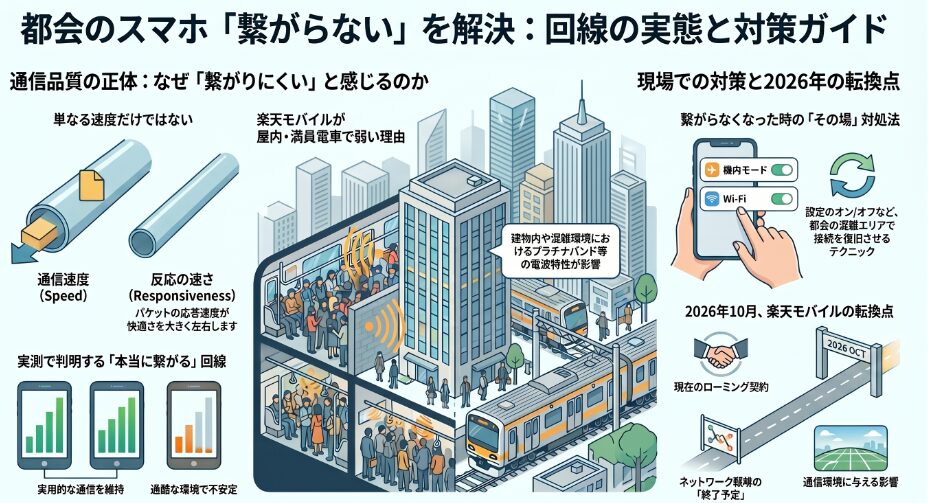都会のスマホ「繋がらない」を解決:回線の実態と対策ガイドのインフォグラフィック画像。主に4つのトピックが図解されています。1つ目は通信品質の正体として、通信速度(太い管)と反応の速さ(レスポンスを示す細い管)のイラストを比較し、パケットの応答速度の重要性を解説しています。2つ目は実測で判明する回線品質として、3台のスマホの電波状況を棒グラフで比較。2台は高い緑色のグラフで「実用的な通信を維持」、1台は低いオレンジ色のグラフで「過酷な環境で不安定」であることを示しています。3つ目は楽天モバイルが屋内や満員電車で弱い理由として、オフィスビルや電車の断面図を用い、建物内や混雑環境におけるプラチナバンド等の電波特性の影響を描写しています。4つ目は対策と転換点について。機内モードやWi-Fiのオン・オフ切り替えによるその場での対処法と、2026年10月のローミング契約終了予定が通信環境に与える影響を、道路とゲート(2026 OCT)のイラストで表現しています。