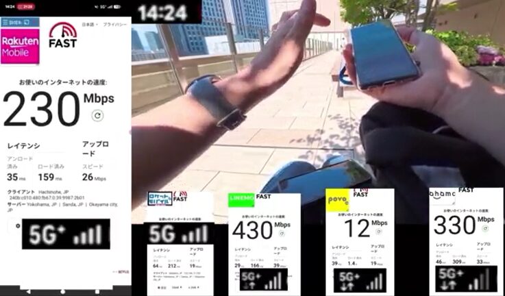 14時24分、屋外の広場にて実施した各通信キャリアの通信速度テスト(FAST.com)実測データの比較画像。左側に大きく表示された「楽天モバイル」は5G+接続で下り230Mbps(アンロード35ms/ロード済み159ms、上り26Mbps)という結果を示しています。
右側下部には4つの測定画面が並び、左から「ロケットモバイル」が5G接続(画面構成上、下り速度は隠れていますが、アンロード64ms/ロード済み212ms、上り19Mbps)、続いて5G+接続の3回線の結果として、「LINEMO」が下り430Mbps(アンロード29ms/ロード済み166ms、上り39Mbps)、「povo」が下り12Mbps(アンロード39ms/ロード済み1.4s、上り19Mbps)、「ahamo」が下り330Mbps(アンロード46ms/ロード済み309ms、上り33Mbps)という詳細な計測結果が記録されています。