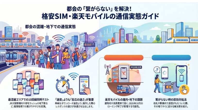 都会の「繋がらない」を解決!格安SIM・楽天モバイルの通信実態ガイドのタイトル画像。都会の混雑した駅や地下鉄での通信実態を表すイメージイラストに加え、以下の4つの要点が図解されています。1. JR大阪駅構内など最混雑エリアでの10回線同時テスト、2. 単純なダウンロード速度よりも操作時の「反応の速さ」が重要であること、3. 楽天モバイルの屋内・地下での課題と2026年10月のローミング終了による影響、4. 改札や駅構内で通信が繋がらない時にその場で試せる即効対処法。