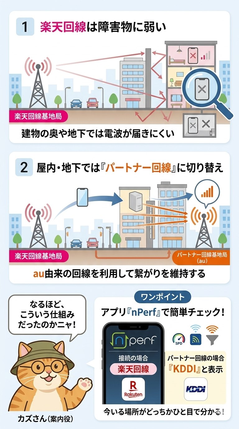 楽天モバイルが屋内・人混みで弱い仕組みの図解。自前の楽天回線は障害物に弱く、屋内や地下ではau由来のパートナー回線に切り替えて繋がりを維持していること、アプリnPerfで「KDDI」表示ならパートナー回線と判別できることを、案内役の茶トラ猫キャラとともに解説。