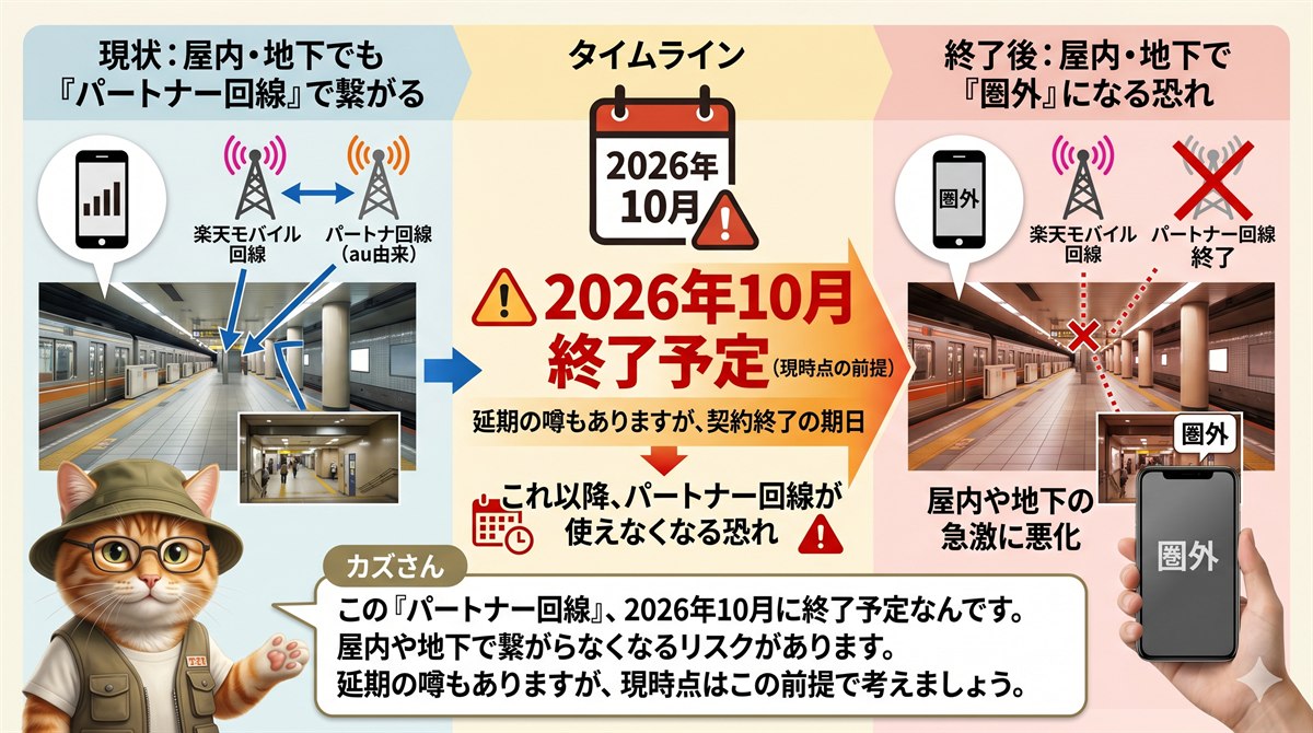 楽天モバイルのパートナー回線が2026年10月に終了予定であることのリスク図解。終了すると屋内・地下で圏外になる恐れがあることを、現状→2026年10月終了→終了後のタイムライン形式で警告。
