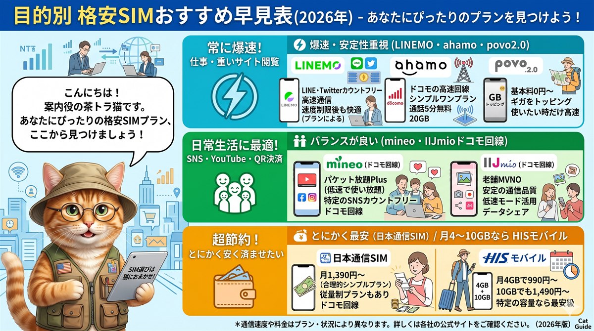 目的別の格安SIMおすすめ早見表の図解。常に爆速がいい人はLINEMO・ahamo・povo2.0、SNSや決済中心の多くの人はmineo・IIJmio、とにかく最安は日本通信SIM(月4〜10GBならHISモバイル)という3タイプ別のおすすめ。
