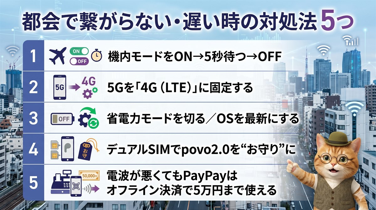 都会で繋がらない・遅い時の対処法5つの図解。機内モードをON5秒OFF、5Gを4Gに固定、省電力オフとOS更新、デュアルSIMでpovo2.0をお守りに、電波が悪くてもPayPayはオフライン決済で5万円まで使える、を案内。