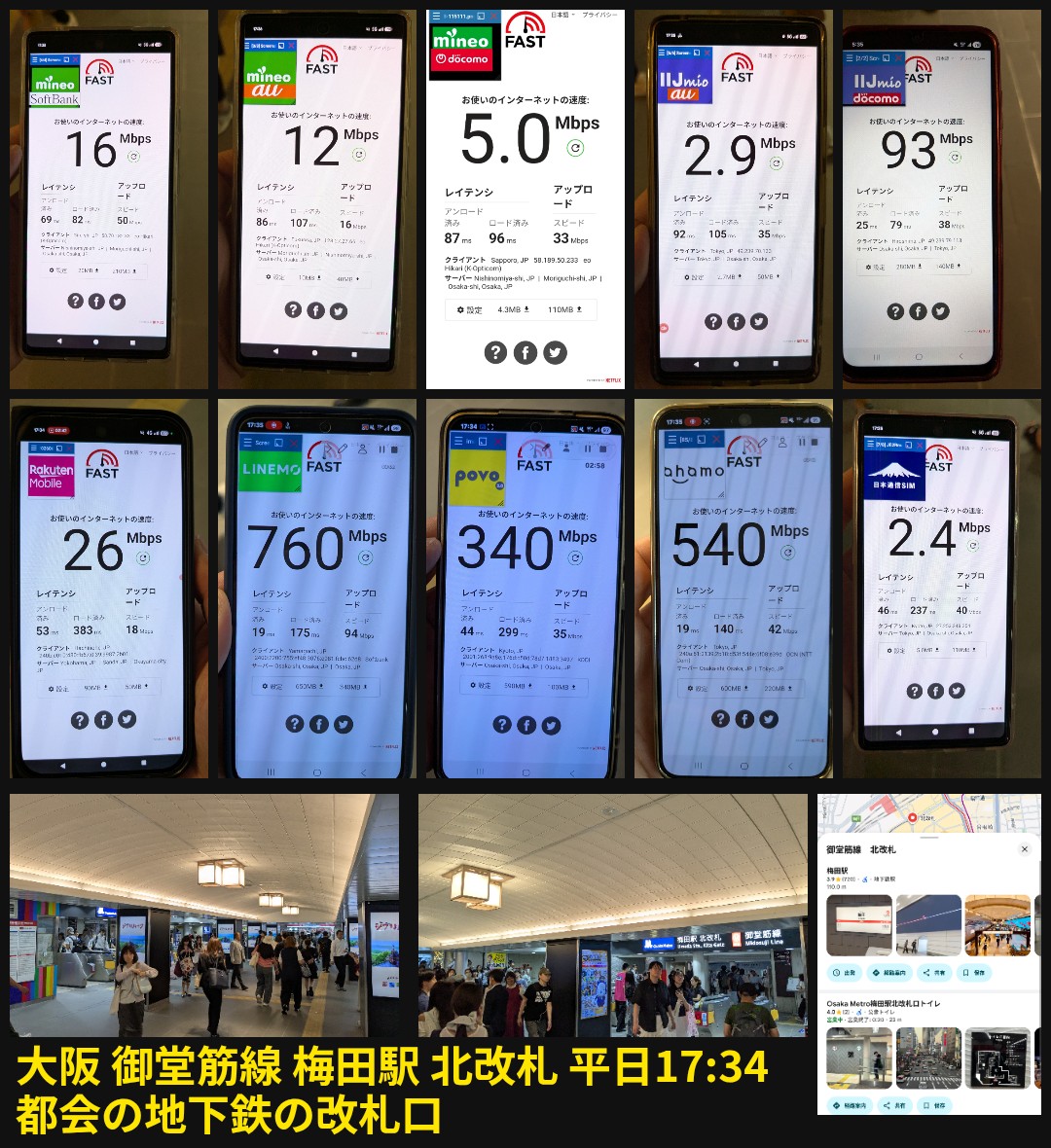 帰宅ラッシュの大阪メトロ御堂筋線・梅田駅の地下鉄改札前で、格安SIM各社の通信速度を実測した画面