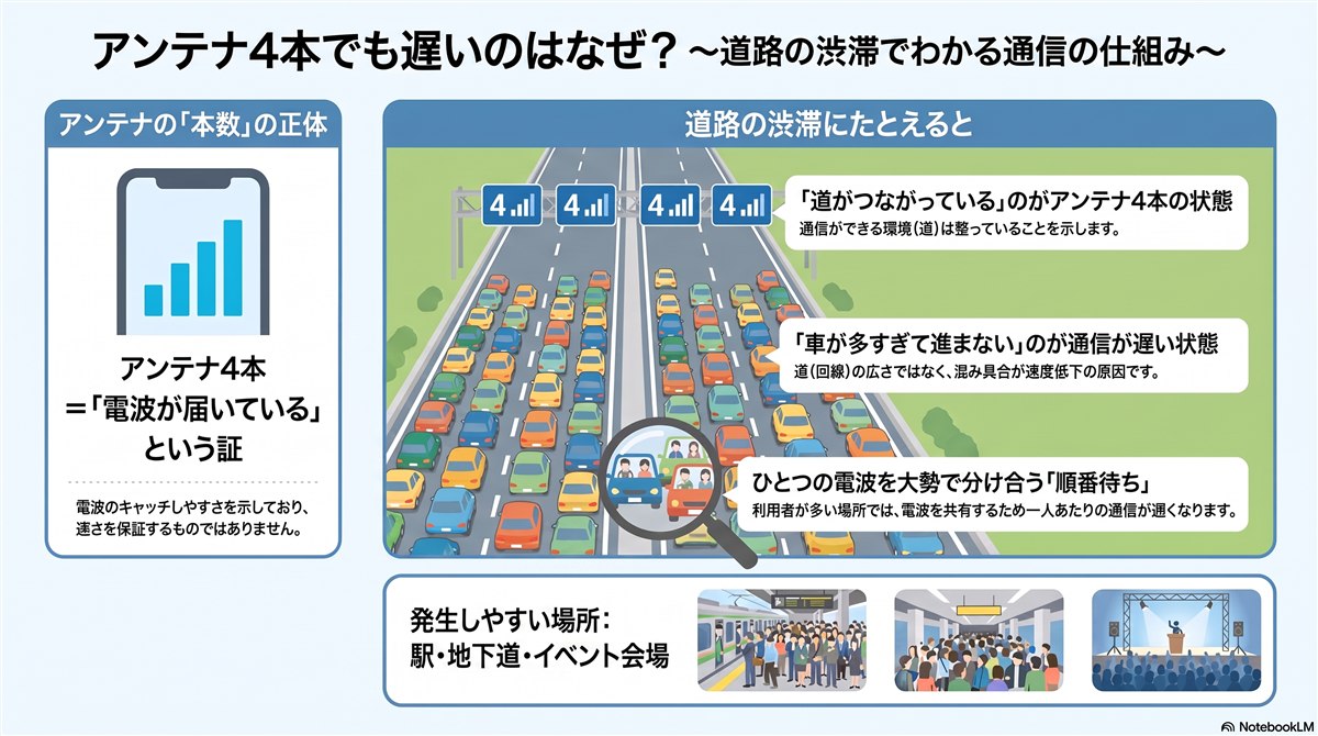 アンテナが4本立っていても通信が遅くなる理由を道路の渋滞にたとえた図解。アンテナの本数は電波が届いている証であり速さの保証ではないこと、大勢で電波を分け合うと順番待ちになることを説明している