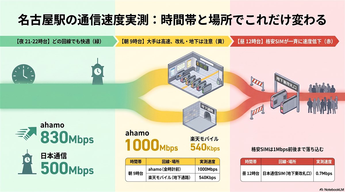 名古屋駅の通信速度を時間帯別にまとめた図解。夜21〜22時台はahamo830Mbps・日本通信SIM500Mbpsでどの回線も快適、朝9時台はahamo1000Mbpsの一方で楽天モバイルが地下通路で540Kbps、昼12時台は日本通信SIMが0.7Mbpsまで落ちることを信号機の色で示している