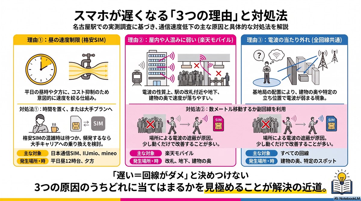 スマホが遅くなる3つの理由の図解。①格安SIMの昼の速度制限②楽天モバイルが屋内や人混みに弱いこと③すべての回線で起きる電波の当たり外れ。それぞれの対処法もまとめている