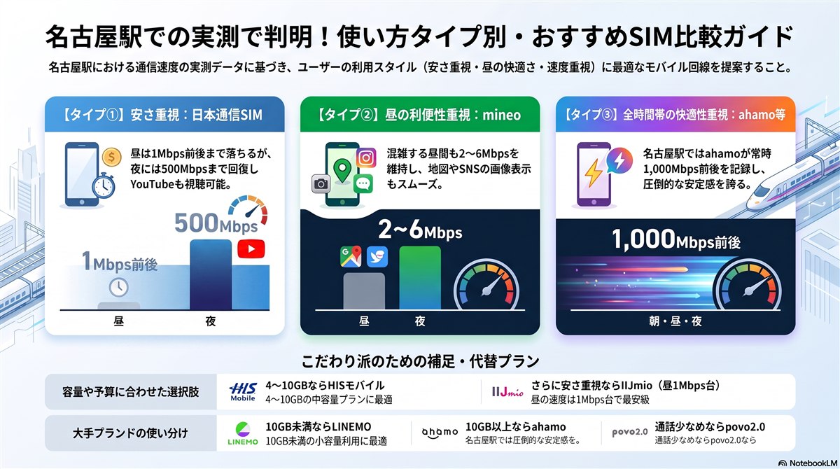 使い方タイプ別のおすすめSIMをまとめた図解。安さ重視なら日本通信SIM、昼の利便性重視ならmineo、時間帯を問わない快適さ重視ならahamoなど。補足としてHISモバイル・IIJmio・LINEMO・povo2.0の使い分けも示している