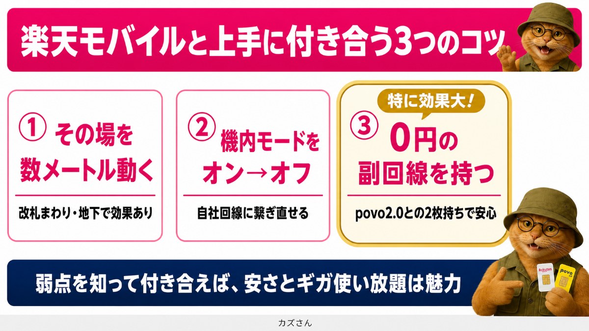 楽天モバイルと上手に付き合う3つのコツの図解。その場を数メートル動く、機内モードをオンオフする、povo2.0のような0円の副回線と2枚持ちする。特に副回線が効果大