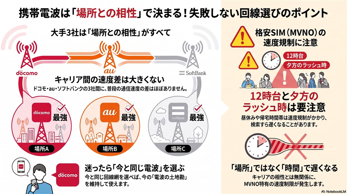 携帯電波は場所との相性で決まる図解。ドコモauソフトバンク3社の速度差は大きくなく、場所ごとにどの電波が強いかが変わる。格安SIMは12時台と夕方ラッシュ時の速度規制に注意