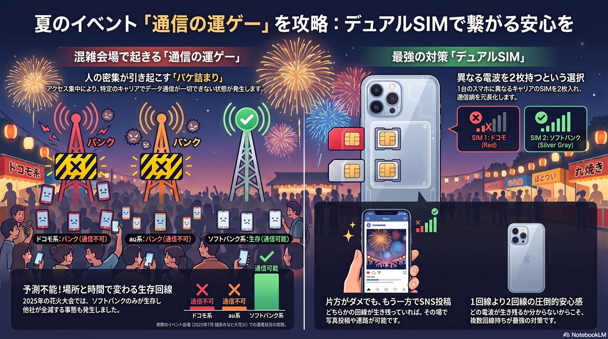 夏祭りや花火大会の混雑会場ではパケ詰まりでどの回線が生き残るか運ゲーになる図解。違う電波を2枚持つデュアルSIMなら片方がパンクしてももう片方でSNS投稿できる