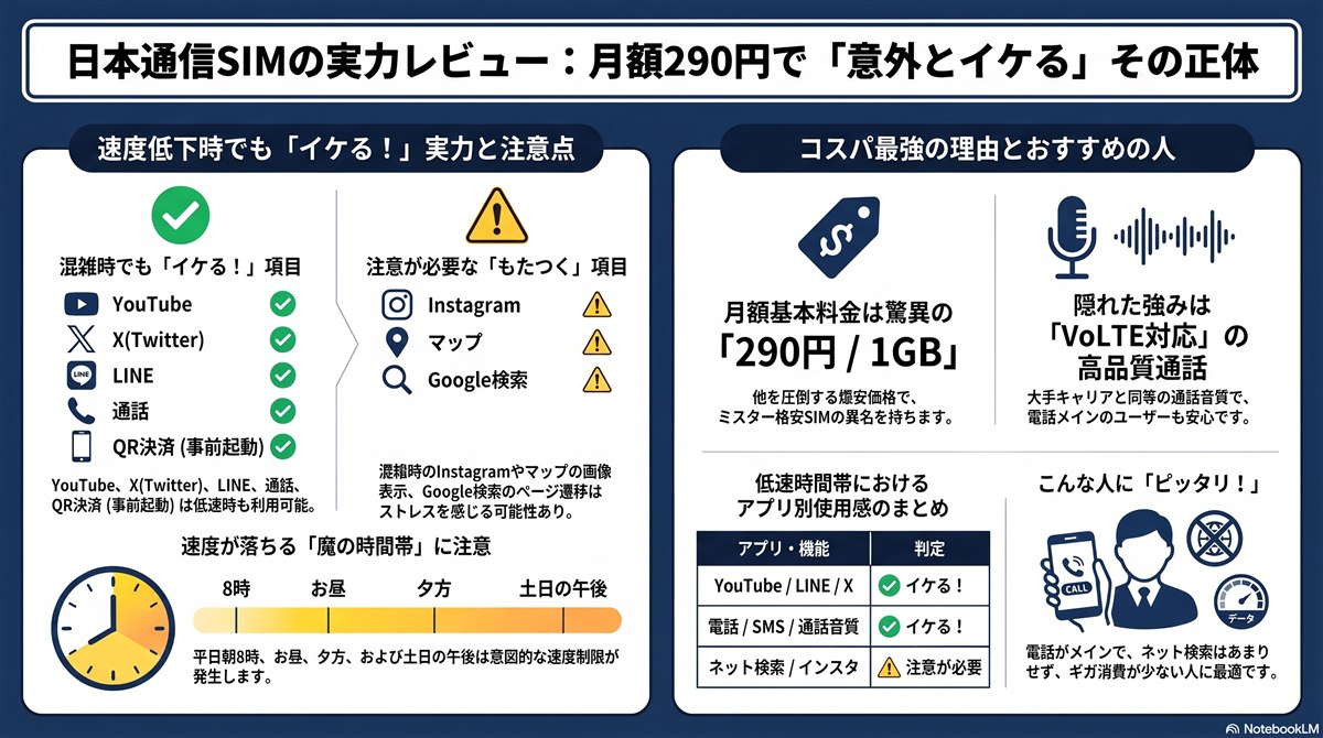 日本通信SIMの実力レビュー図解。速度低下時でもYouTube・X・LINE・通話・QR決済はイケる、インスタ・マップ・検索はもたつく。290円/1GBの爆安とVoLTE対応の高品質通話が強み