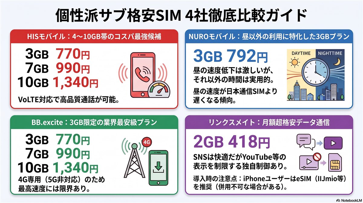サブ格安SIM4社の比較図解。HISモバイルは4〜10GBが日本通信SIMより安く通話音質良し、NUROモバイルは792円/3GBだが昼が遅い、BB.exciteは3GB業界最安級で4Gのみ、リンクスメイトは418円/2GBでiPhoneはAPNプロファイル必須