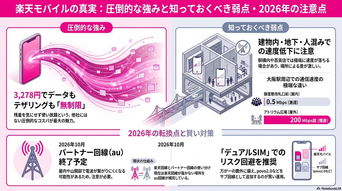 楽天モバイルの強みと弱点2026図解。月3,278円でデータもテザリングも無制限が最大の強み。一方で建物内・地下・人混みでは速度が低下しやすい。2026年10月にパートナー回線(au)が終了予定のため、デュアルSIMでのリスク回避を推奨