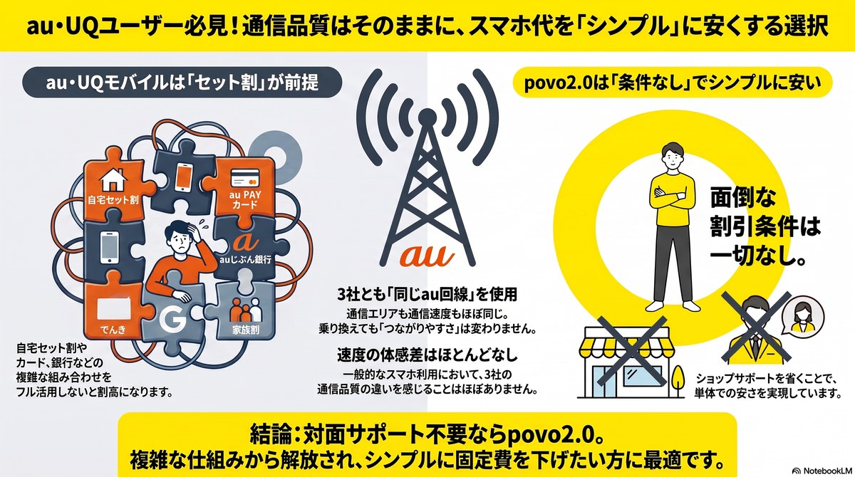 au・UQモバイル・povo2.0の比較図解。auとUQはセット割が前提で複雑、povo2.0は条件なしでシンプルに安い。3社とも同じau回線で通信品質はほぼ同じ。対面サポート不要ならpovo2.0が最適