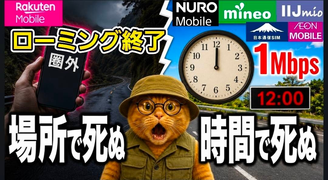 ローミング終了の図解。楽天モバイルは圏外になる「場所」が弱点、格安SIMは12時に1Mbpsまで落ちる「時間」が弱点という対比