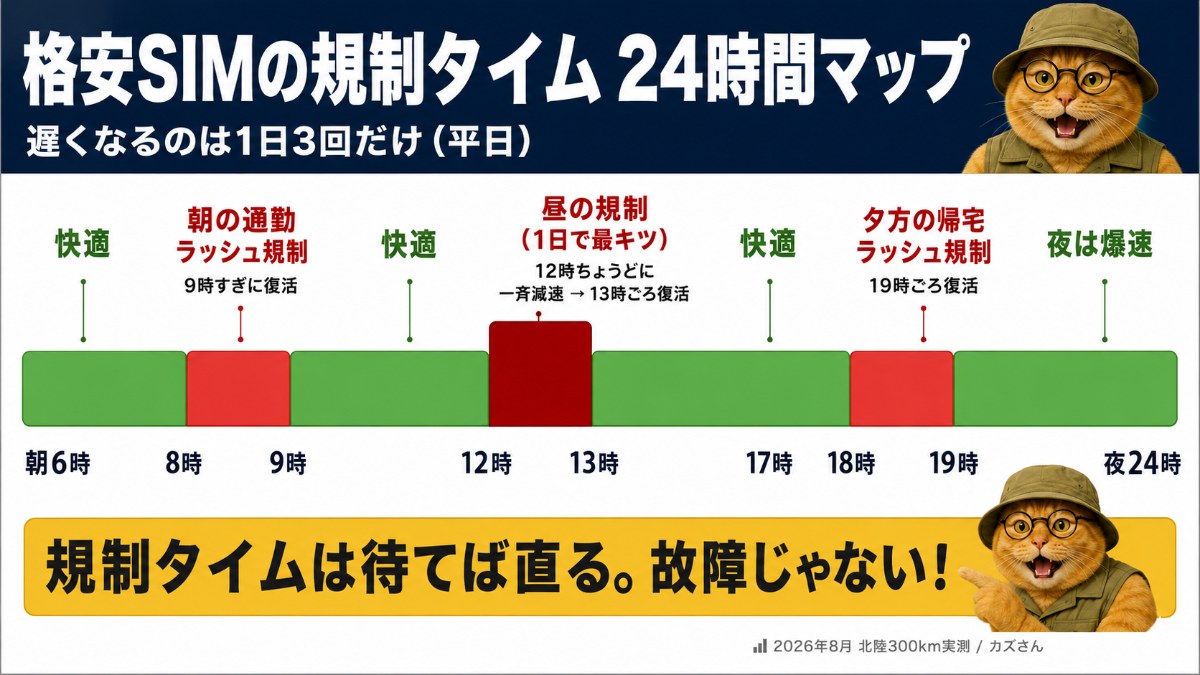 格安SIMの規制24時間マップの図解。遅くなるのは平日の朝8時台・昼12時台・夕方17〜18時台の1日3回だけで、待てば直る