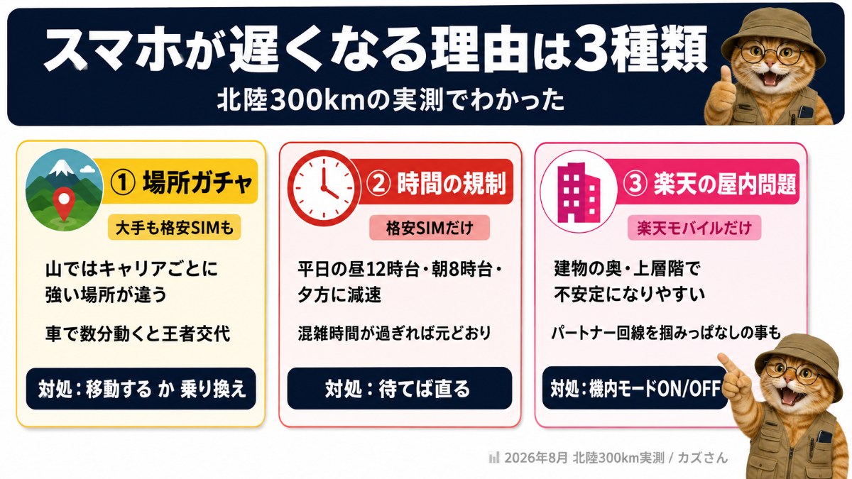 スマホが遅くなる理由は3種類の図解。①場所ガチャは移動か乗り換えで対処、②時間の規制(格安SIMだけ)は待てば直る、③楽天の屋内問題は機内モードON/OFFで対処