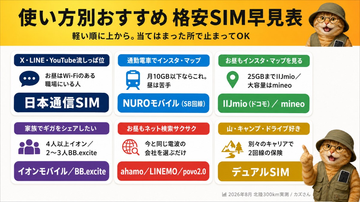 使い方別おすすめ格安SIM早見表。X・LINE・YouTube程度なら日本通信SIM、通勤電車でインスタならNUROモバイル(ソフトバンク回線)、お昼も使うならIIJmio(ドコモ)かmineo、家族シェアはイオンモバイルかBB.excite、昼もネット検索するならahamo・LINEMO・povo2.0、山好きはデュアルSIM