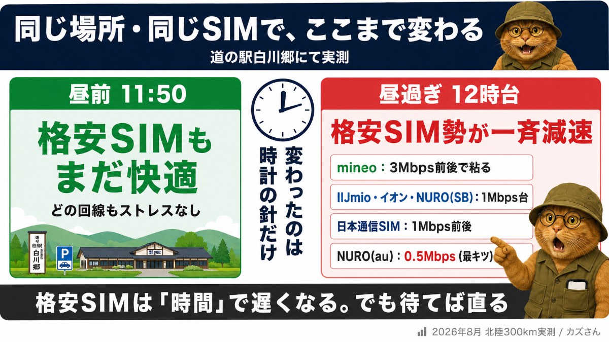 道の駅白川郷での昼前11時50分と昼過ぎ12時台の比較図解。同じ場所なのに昼過ぎは格安SIM勢が一斉減速。mineoは3Mbps前後、IIJmio・イオン・NURO(SB)は1Mbps台、日本通信SIMは1Mbps前後、NURO(au)は0.5Mbps