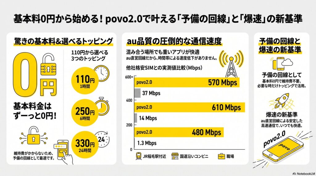 povo2.0の特徴をまとめた図解。基本料金はずっと0円で維持費不要、データ使い放題トッピングは1時間110円・6時間250円・24時間330円。au品質の高速通信で、JR稲毛駅付近570Mbps・国道沿いコンビニ610Mbps・職場480Mbpsと他社格安SIMを圧倒する実測値。