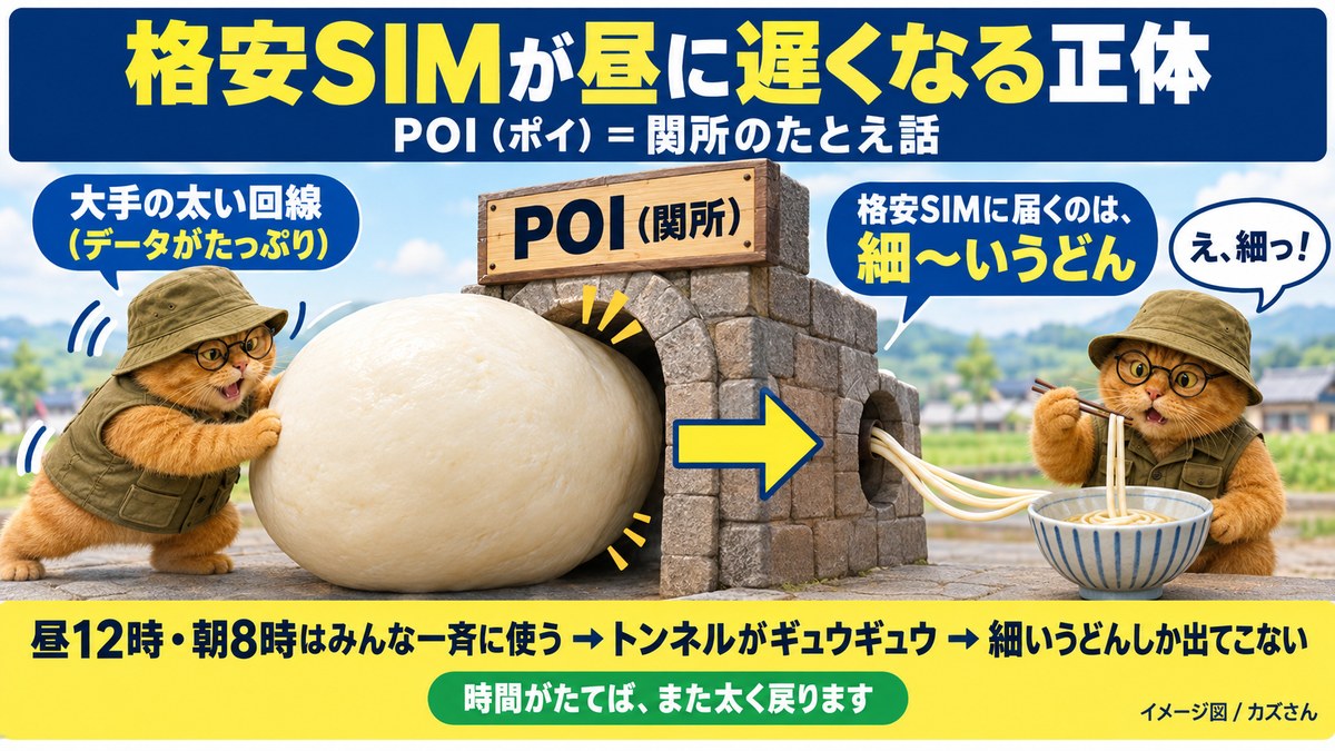 格安SIMが昼に遅くなる正体。POI(関所)のたとえ話。大手の太い回線が関所を通ると細いうどんになる。昼12時と朝8時はトンネルがギュウギュウ。時間がたてばまた太く戻る