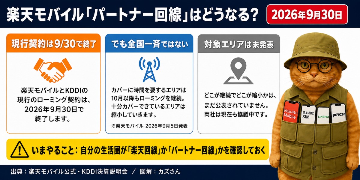 楽天モバイル「パートナー回線」はどうなる?の図解。2026年9月30日で楽天モバイルとKDDIの現行ローミング契約が終了する一方、カバーに時間を要するエリアは10月以降もローミングを継続し、十分カバーできているエリアは縮小(2026年9月5日発表)。対象エリアは未発表で両社は協議中。まずは自分の生活圏が楽天回線かパートナー回線かを確認することを推奨。