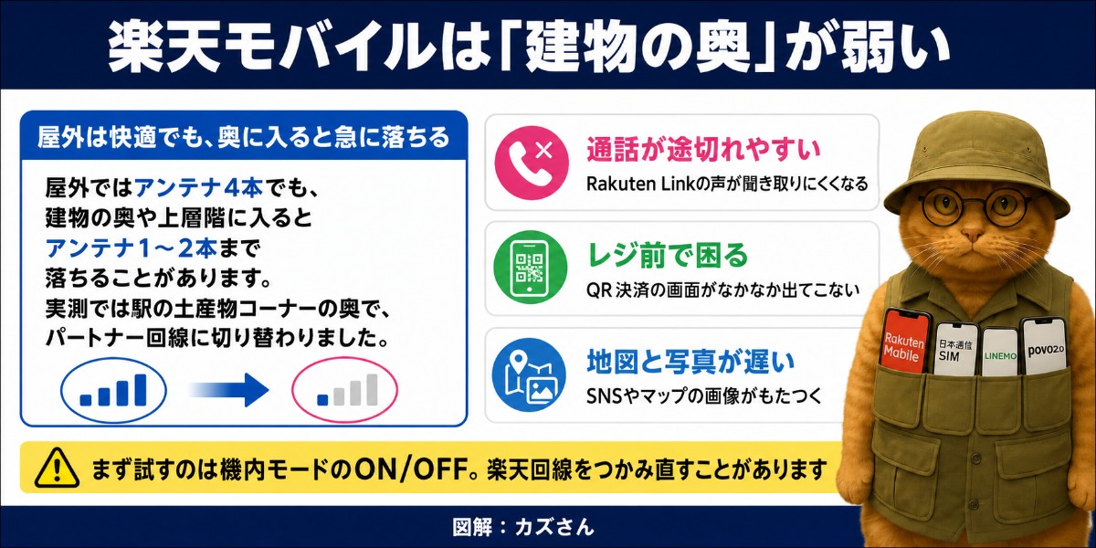楽天モバイルは「建物の奥」が弱いことを説明した図解。屋外ではアンテナ4本でも建物の奥や上層階では1~2本まで落ちることがあり、実測では駅の土産物コーナーの奥でパートナー回線に切り替わった。通話が途切れやすい・QR決済の画面が出てこない・SNSやマップの画像がもたつくという影響が出る。まずは機内モードのON/OFFを試すと楽天回線をつかみ直すことがある。