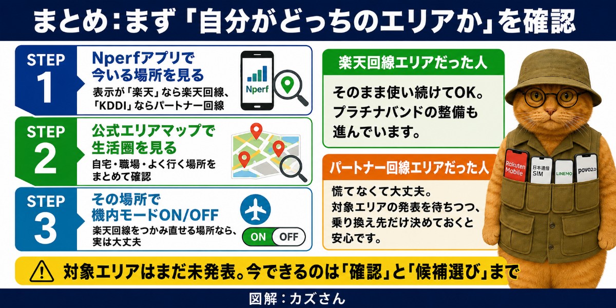 まとめの図解。STEP1 Nperfアプリで今いる場所を見る(楽天なら楽天回線、KDDIならパートナー回線)、STEP2 公式エリアマップで自宅・職場・よく行く場所を確認、STEP3 その場所で機内モードON/OFFを試す。楽天回線エリアだった人はそのまま使え、パートナー回線エリアだった人は対象エリアの発表を待ちつつ乗り換え先を決めておくと安心。