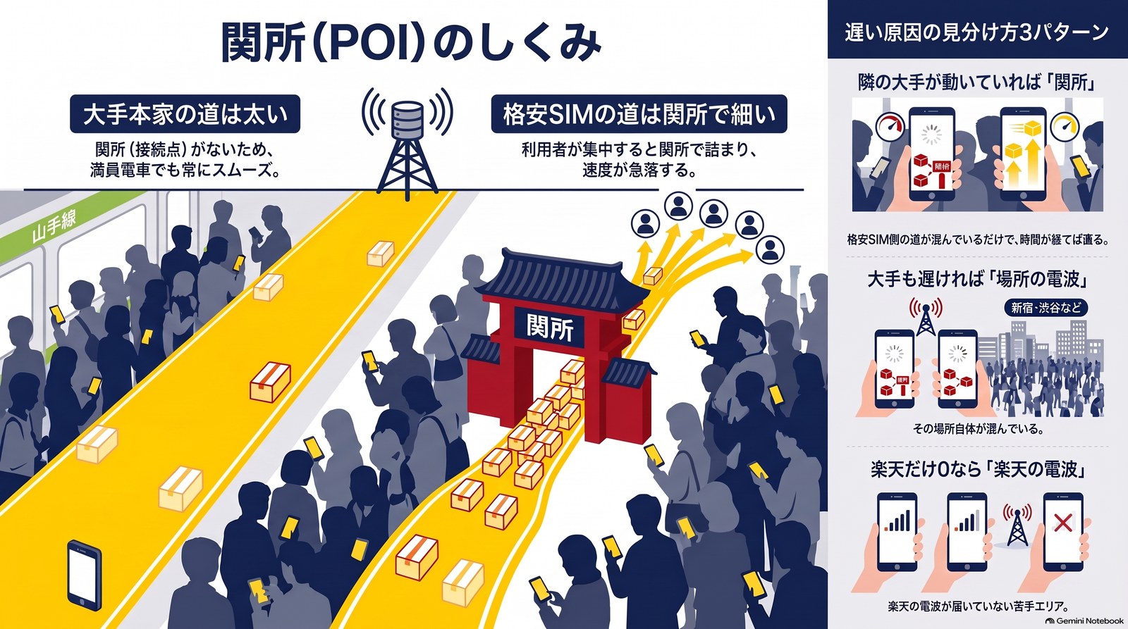 関所(POI)のしくみ。大手本家の道は太く、格安SIMの道は関所で細い。遅い原因の見分け方3パターン