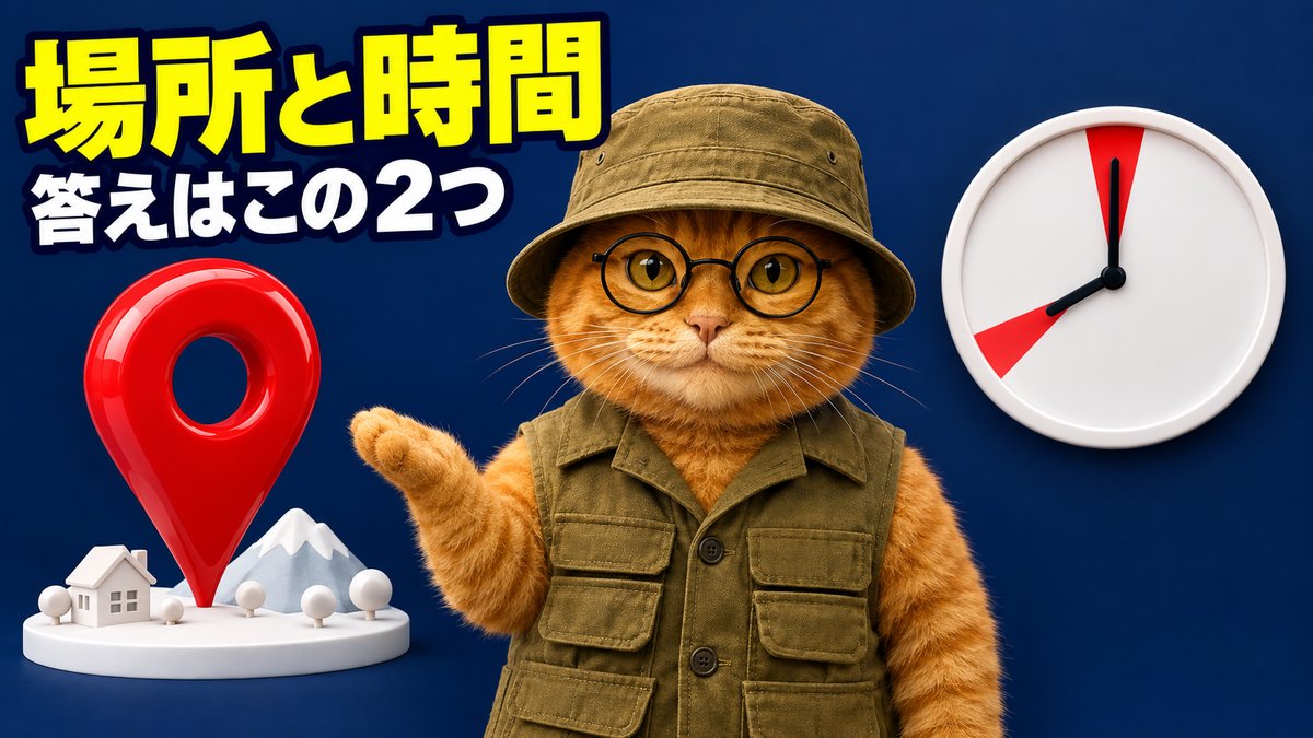 格安SIM選びで後悔する原因は「場所と時間」の2つ。地図のピンと、8時と12時が赤い時計を指さす猫の探検家